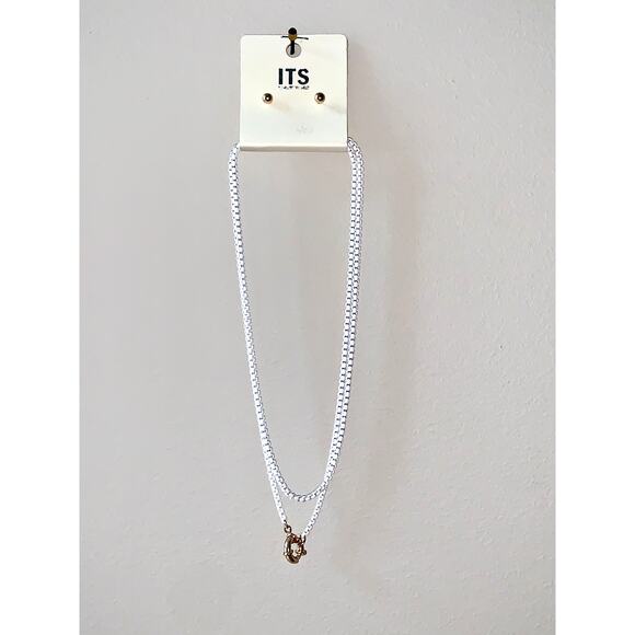 ITS sense White Enamel Double Box Chain Faux Clasp Pendant Earring Set NWT - Picture 5 of 6